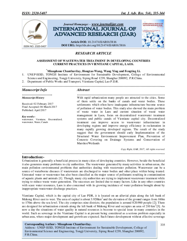 (PDF) ASSESSMENT OF WASTEWATER TREATMENT IN DEVELOPING COUNTRIES ...