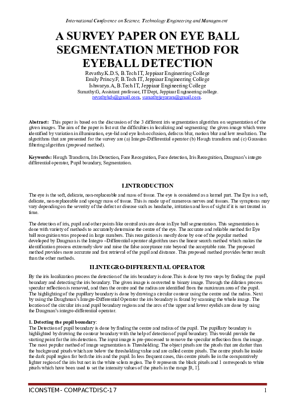 (DOC) A SURVEY PAPER ON EYE BALL SEGMENTATION METHOD FOR EYEBALL DETECTION