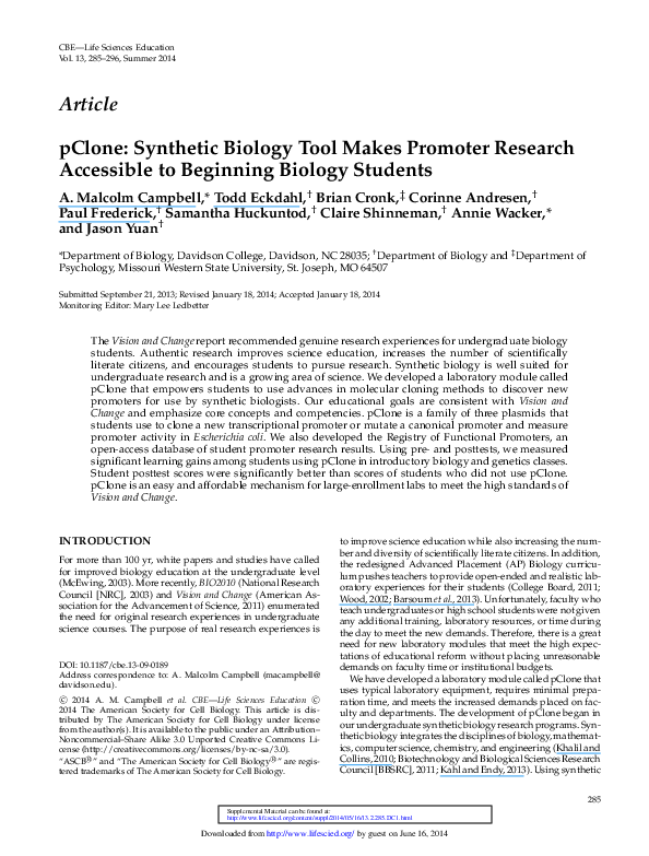 (PDF) pClone Synthetic Biology Tool Makes Promoter Research Accessible