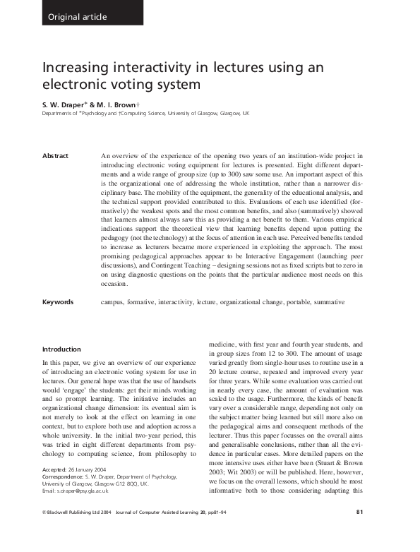 (PDF) Increasing interactivity in lectures using an electronic voting ...