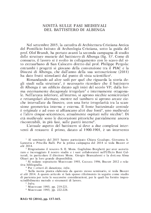 (PDF) Novità sulle fasi medievali del battistero di Albenga (con Chiara