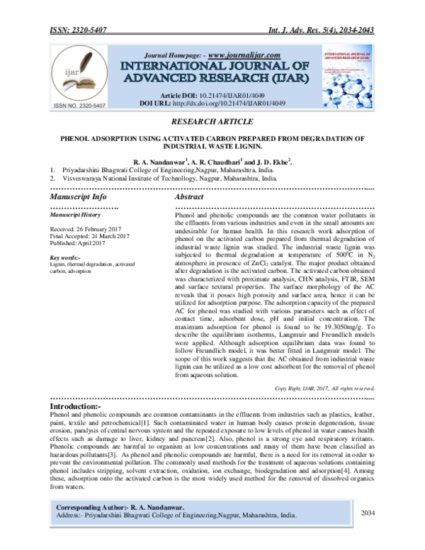 (PDF) PHENOL ADSORPTION USING ACTIVATED CARBON PREPARED FROM ...