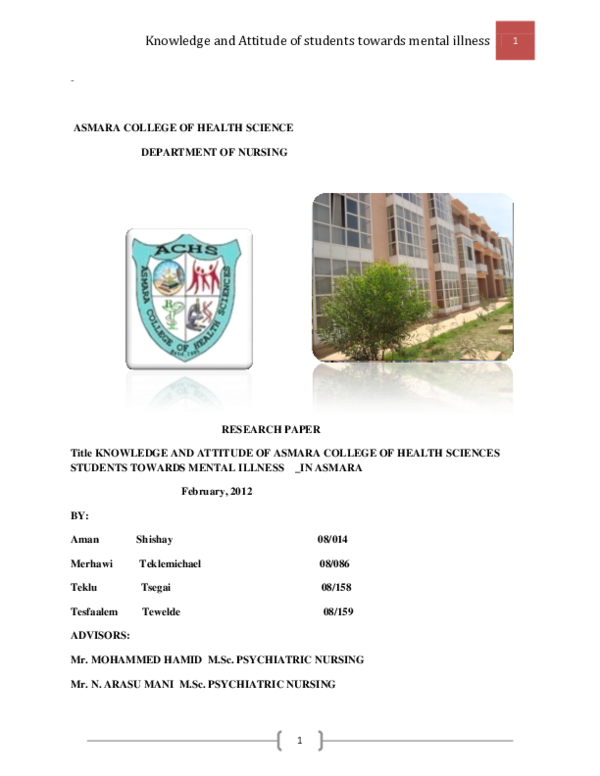 (PDF) Knowledge and Attitude of students towards mental illness Title ...