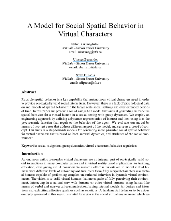 (PDF) A model for social spatial behavior in virtual characters