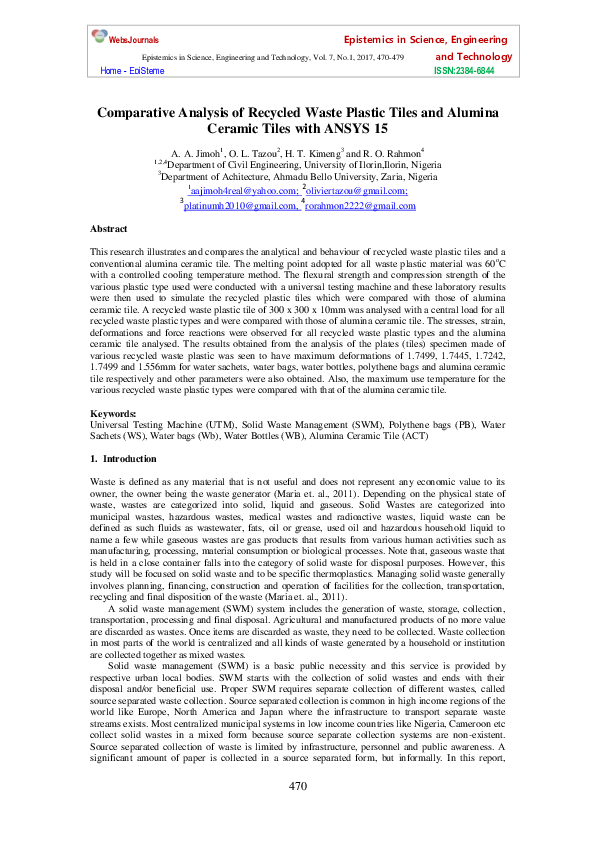 (PDF) Comparative Analysis of Recycled Waste Plastic Tiles and Alumina ...