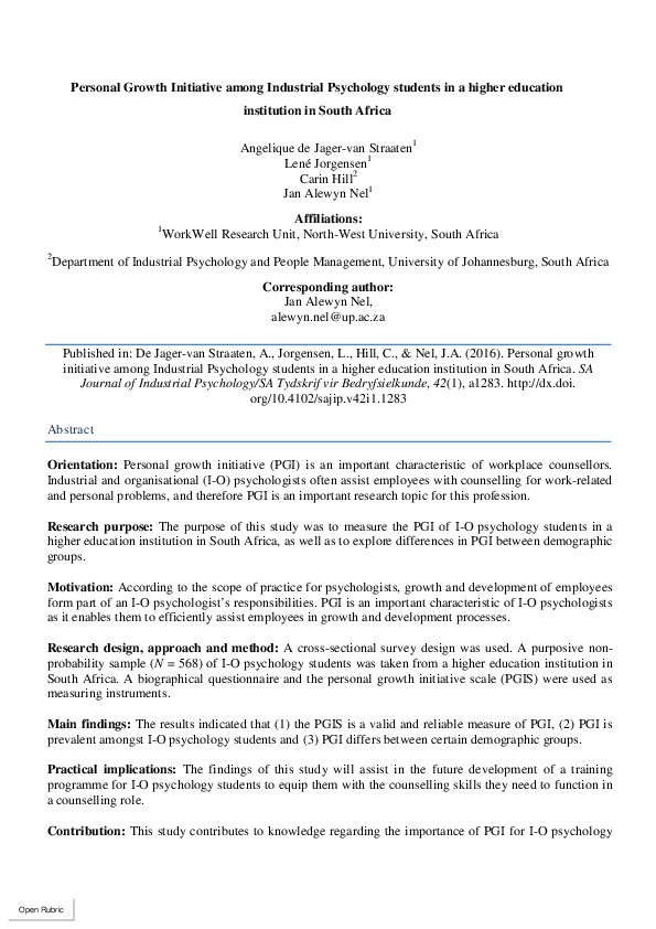 (PDF) Personal Growth Initiative among Industrial Psychology students ...