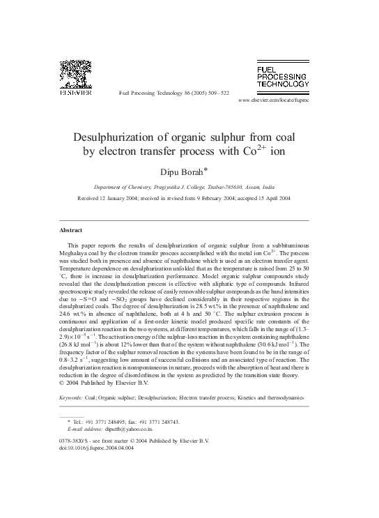 (PDF) Desulphurization of organic sulphur from coal by electron ...