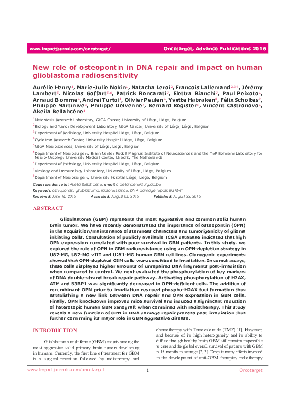 (PDF) New role of osteopontin in DNA repair and impact on human ...
