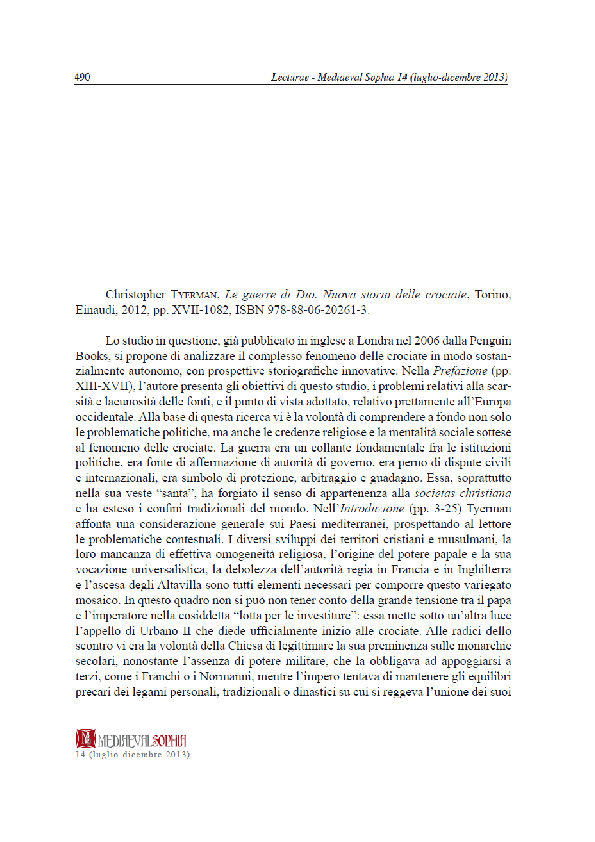 Pdf Recensione A Chrisopher Tyerman Le Guerre Di Dio Nuova Storia Delle Crociate Torino Einaudi 2012 In Medieval Sophia 14 2013 Pp 490 491 Martina Del Popolo Academia Edu