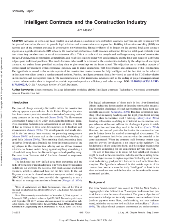 (PDF) Intelligent Contracts and the Construction Industry