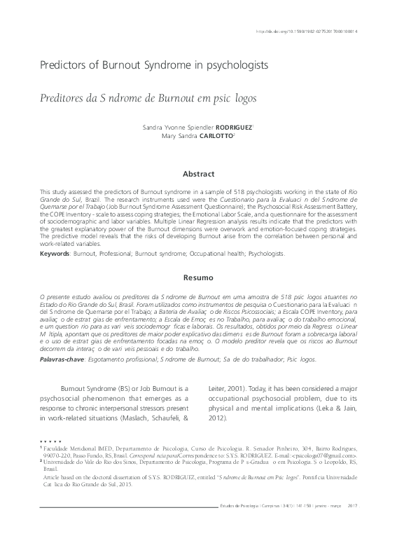 (PDF) Predictors of Burnout Syndrome in psychologists Preditores da ...