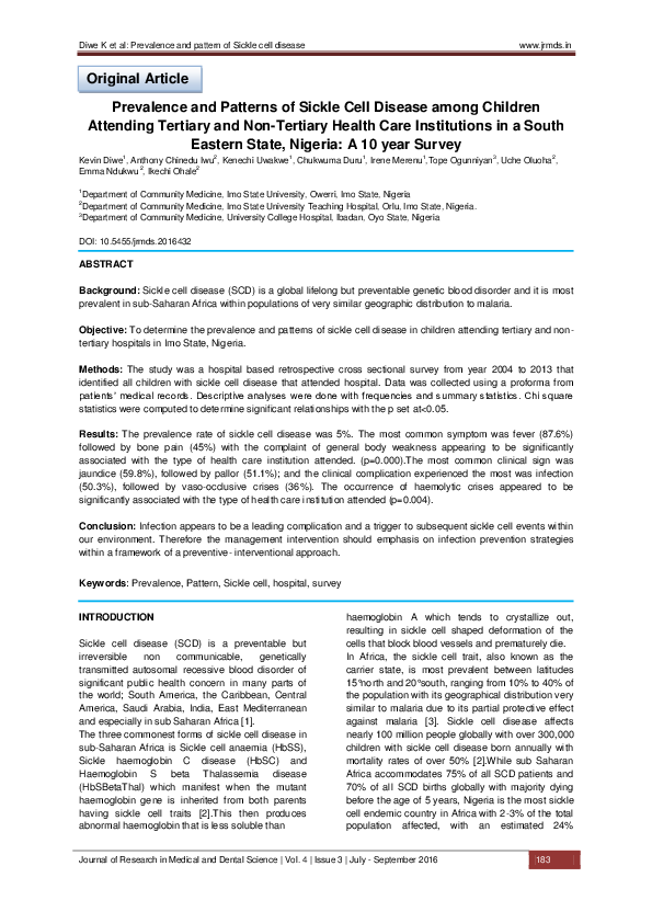 (PDF) Prevalence and Patterns of Sickle Cell Disease among Children ...