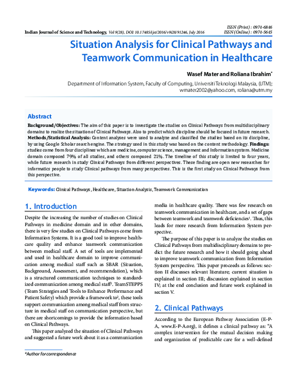 (PDF) Situation Analysis for Clinical Pathways and Teamwork