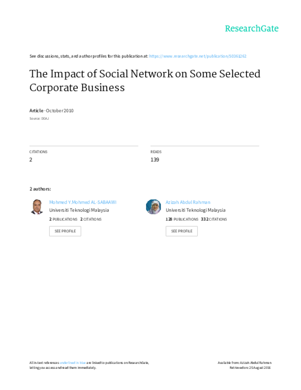 (PDF) The Impact of Social Network on Some Selected Corporate Business ...
