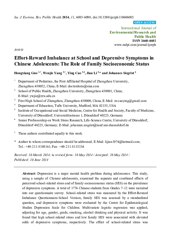 (PDF) Effort-Reward Imbalance at School and Depressive Symptoms in ...