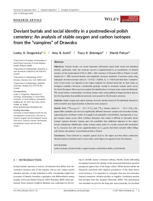Deviant burials and social identity in a postmedieval polish cemetery: An analysis of stable oxygen and carbon isotopes from the " vampires " of Drawsko