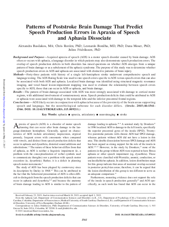 (PDF) Patterns of poststroke brain damage that predict speech ...