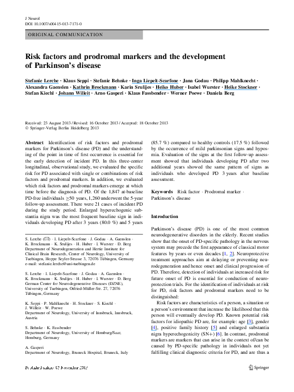 (PDF) Risk factors and prodromal markers and the development of ...