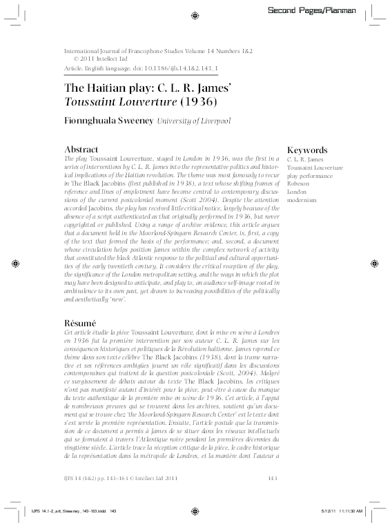 Pdf The Haitian Play Clr James Tousssaint Louverture Pdf Fionnghuala Sweeney Academia Edu