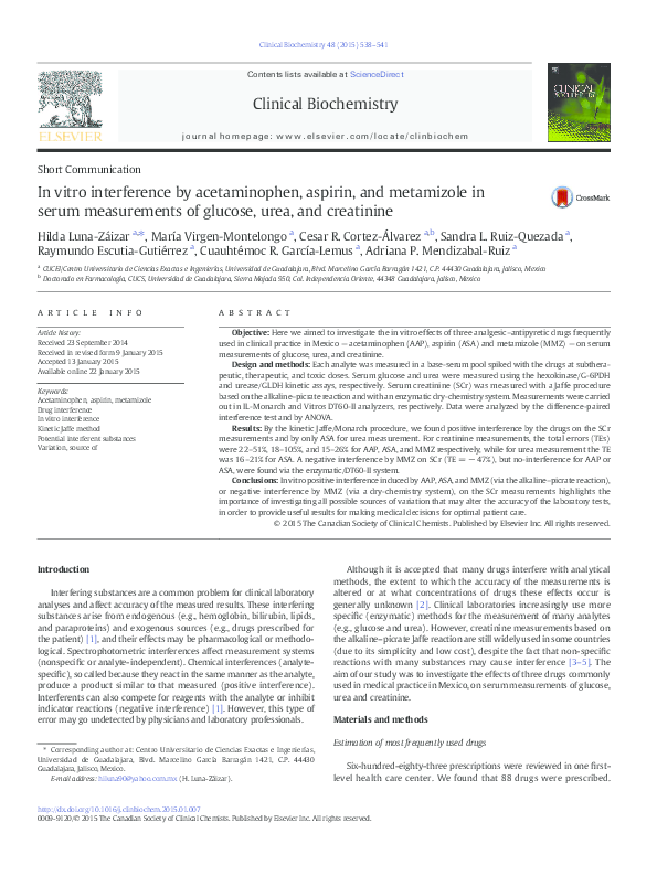 (PDF) In vitro interference by acetaminophen, aspirin, and metamizole