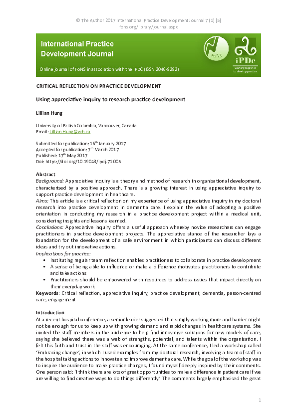 (PDF) CRITICAL REFLECTION ON PRACTICE DEVELOPMENT Using appreciative ...