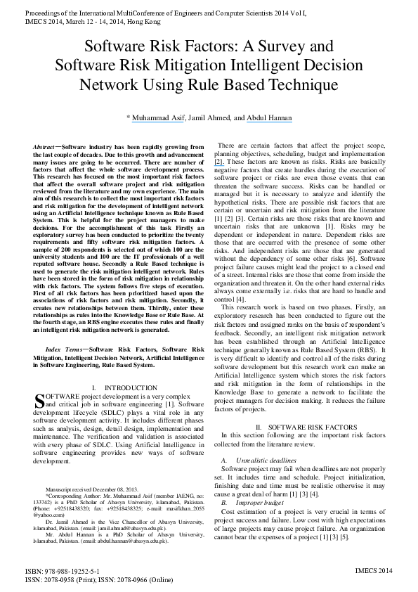 (PDF) Software Risk Factors: A Survey and Software Risk Mitigation ...