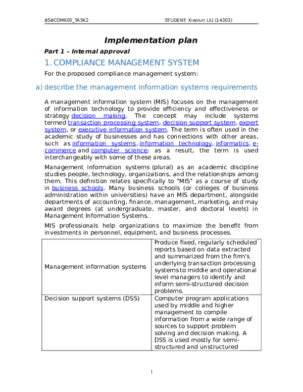 (DOC) Implementation plan Part 1 – Internal approval