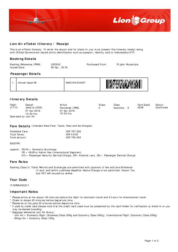 (PDF) Lion Air eTicket Itinerary / Receipt Fare Details (Includes Base Fare, Taxes, Fees and