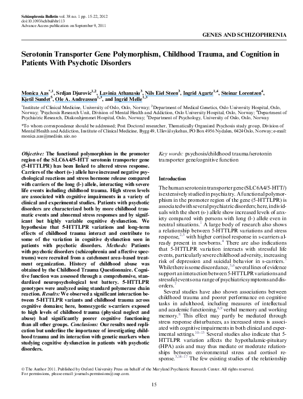 (PDF) Serotonin Transporter Gene Polymorphism, Childhood Trauma, and ...