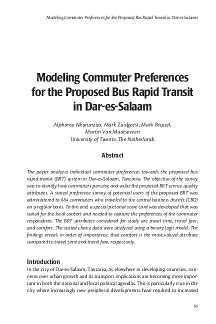 (PDF) Modeling Commuter Preferences for the Proposed Bus Rapid Transit ...