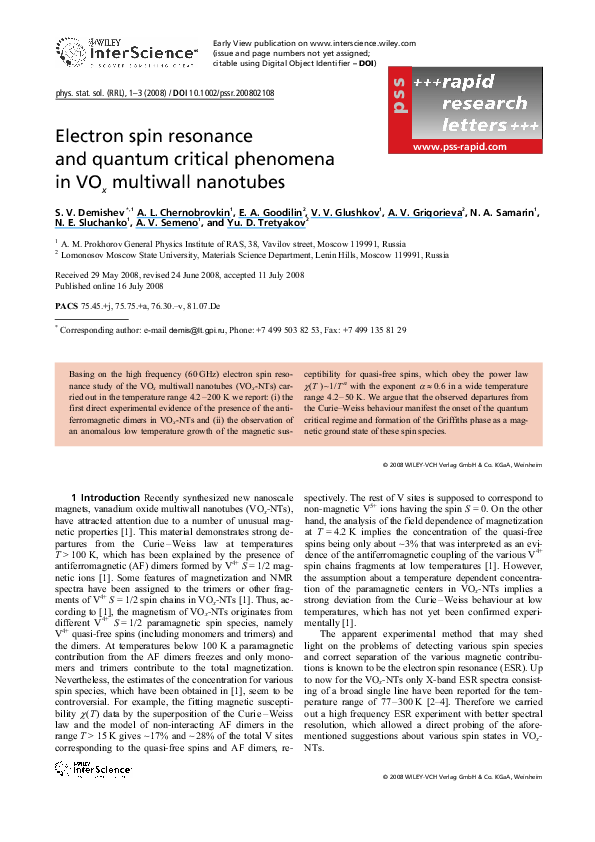 (PDF) Electron spin resonance and quantum critical phenomena in VO x ...