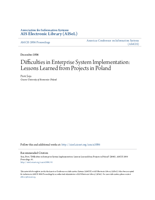 (PDF) Difficulties in Enterprise System Implementation: Lessons Learned ...