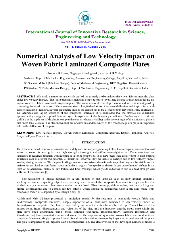 (PDF) Numerical Analysis of Low Velocity Impact on Woven Fabric ...