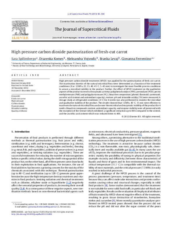 (PDF) High pressure carbon dioxide pasteurization of fresh-cut carrot