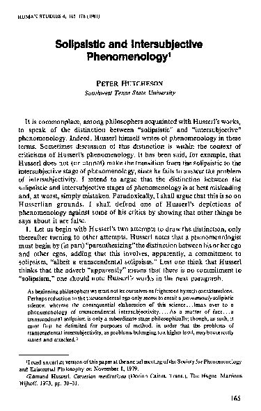 (PDF) Solipsistic and intersubjective phenomenology