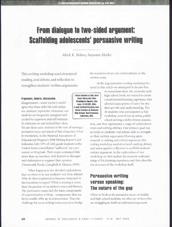 (PDF) From dialogue to twosided argument Scaffolding adolescents