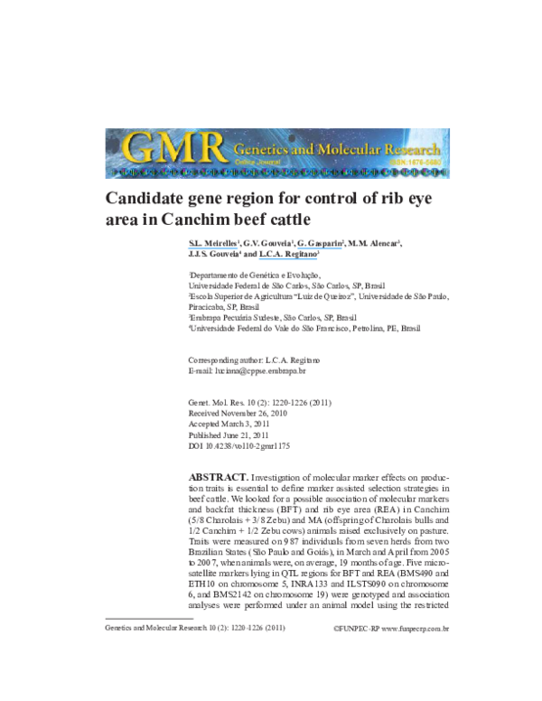 (PDF) Candidate gene region for control of rib eye area in Canchim beef ...