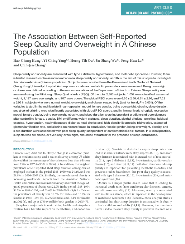 (PDF) The Association Between Self-Reported Sleep Quality and ...