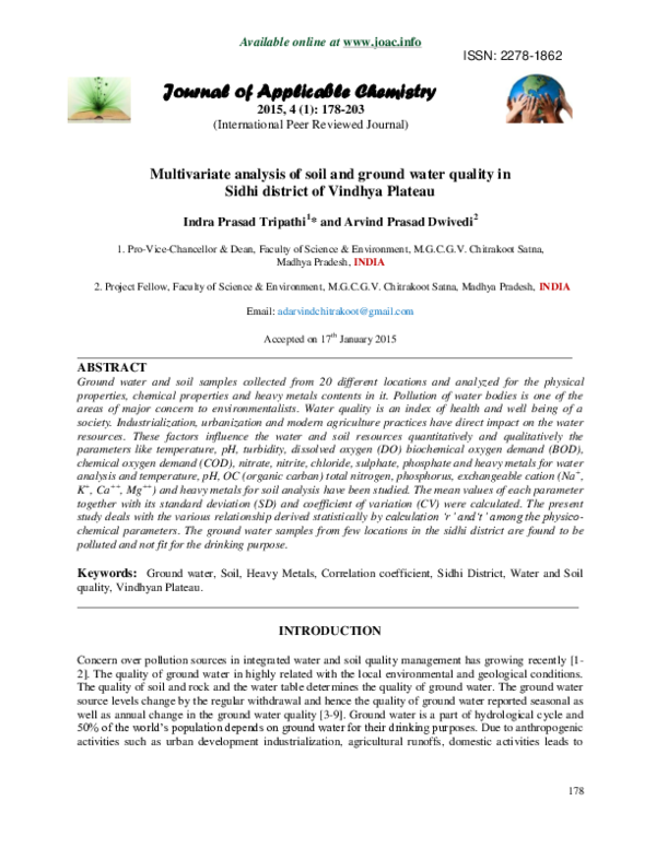 (PDF) Multivariate analysis of soil and ground water quality in Sidhi ...