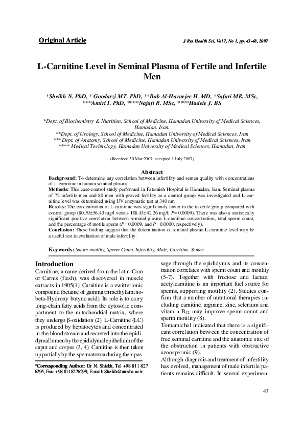 PDF) L-Carnitine Level in Seminal Plasma of Fertile and Infertile Men