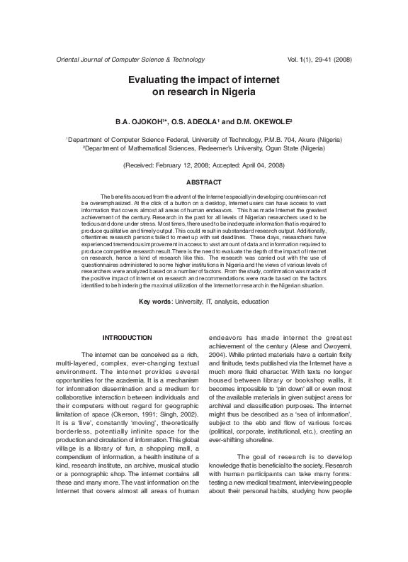 (PDF) Evaluating the impact of internet on research in Nigeria
