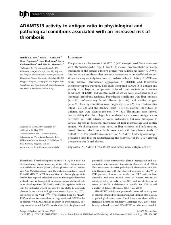 (PDF) ADAMTS13 activity to antigen ratio in physiological and ...