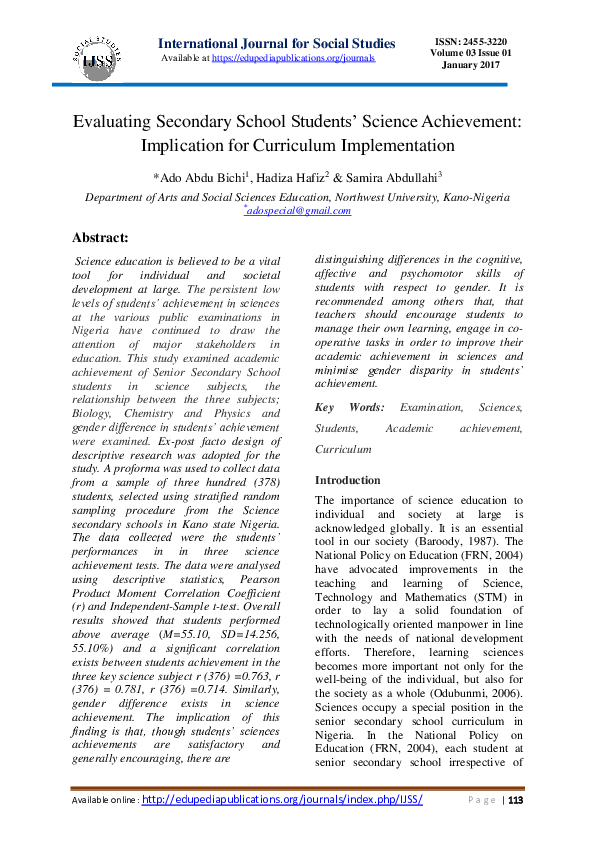 Evaluating Secondary School Students' Science Achievement: Implication ...