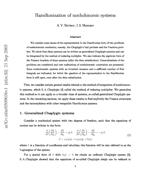 (PDF) Hamiltonization of nonholonomic systems