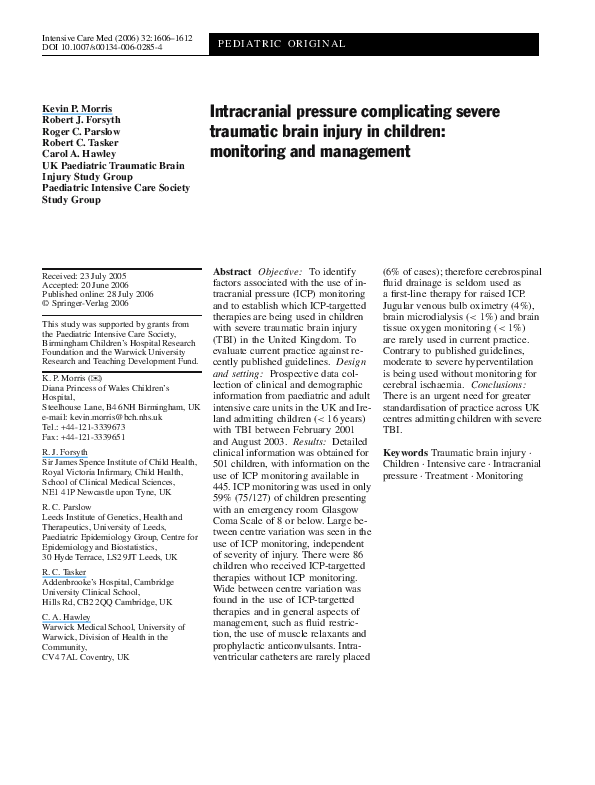 (PDF) Intracranial pressure complicating severe traumatic brain injury ...