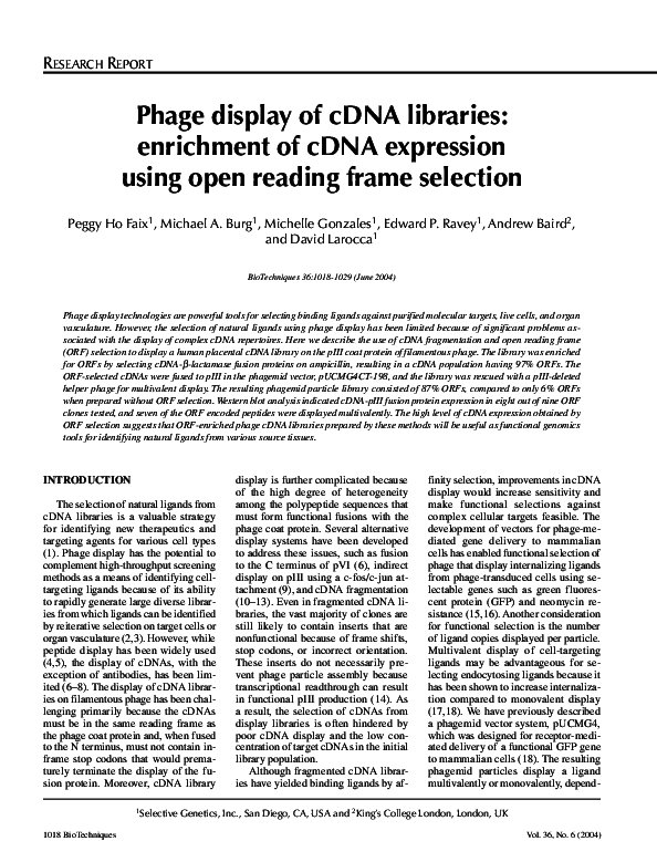 (PDF) Phage display of cDNA libraries enrichment of cDNA expression using open reading frame