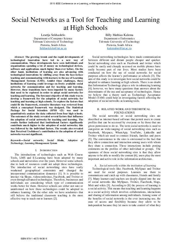 (PDF) Social networks as a tool for teaching and learning at high schools