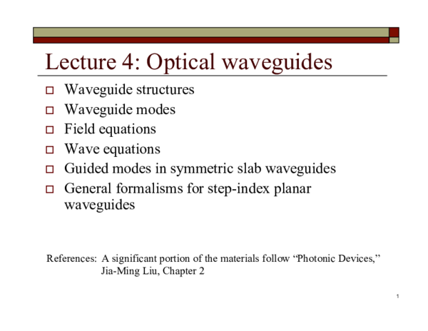 (PDF) Lecture 4: Optical waveguides Waveguide structures Waveguide ...