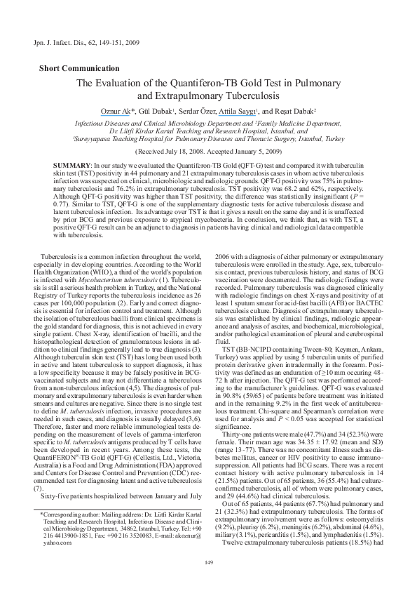 (PDF) The evaluation of the QuantiferonTB Gold test in pulmonary and