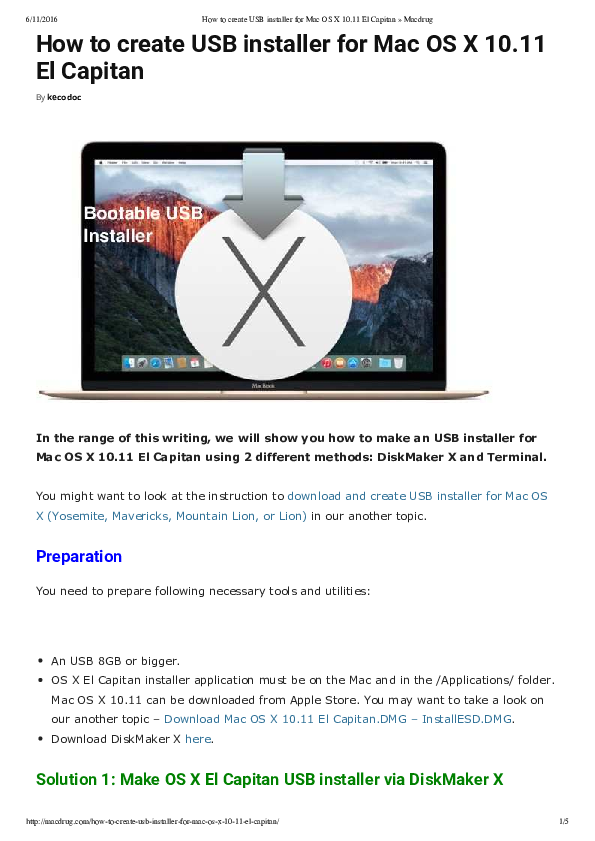 PDF) How to create USB installer for Mac OS 10.11 El Capitan Preparation Solution 1: Make OS X El Capitan installer via DiskMaker X | Paul Adam - Academia.edu